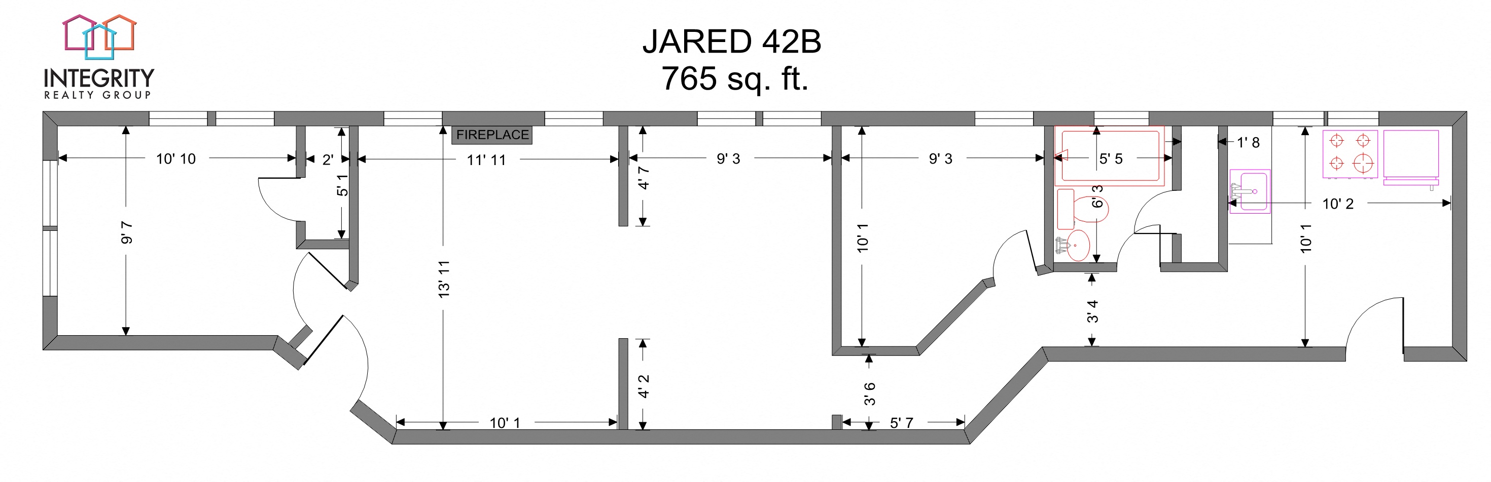 Floor plan for 2 beds, 1 bath, 765 sqft